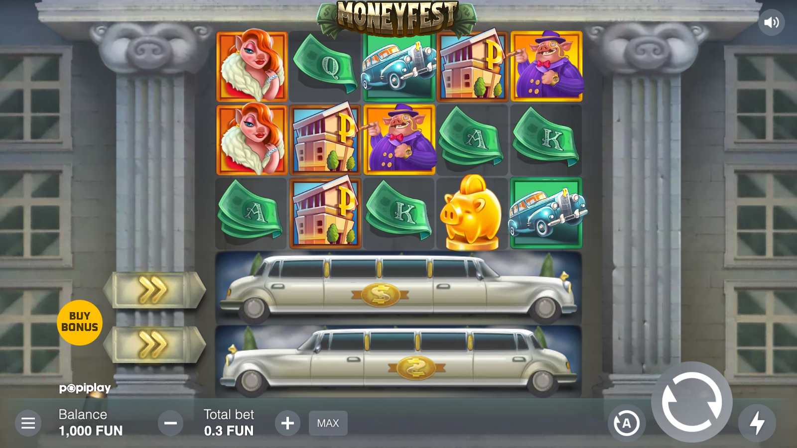 Moneyfest base game showing the 5×4 grid in default state with Mr Pig, Mrs Pig, Mansion, Black Limo and Banknotes premium symbols visible alongside the two limousine rows beneath the active reels