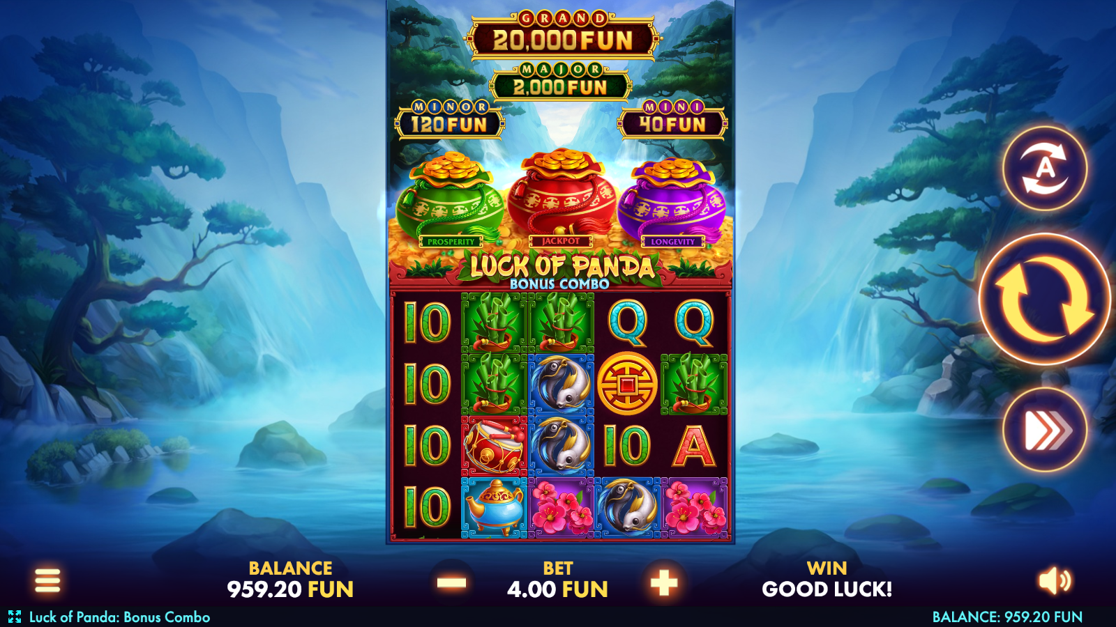 Base game 5×3 grid (Build B / Mr.Bet jackpot ladder: Grand 5,000× / Major 500× / Minor 30× / Mini 10×). Panda, drum, fan and lantern symbols on the reels at 4 FUN bet.