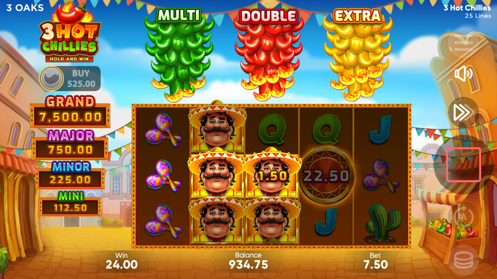 Base game 5×3 grid with Mexican fiesta symbol set, Señorita with tequila, plus sombrero, and the three colour coded chilli meters (green, yellow, red) above the reels.