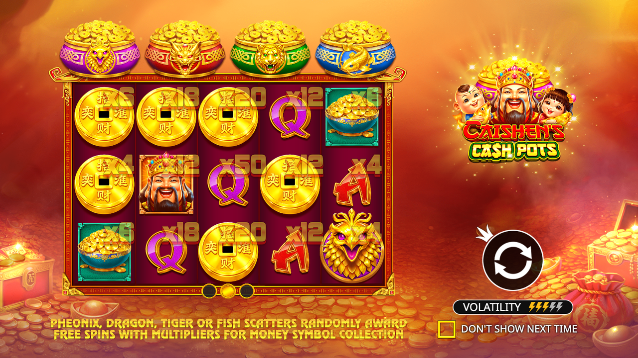 Caishen's Cash Pots base reels showing money symbols with multipliers from 2x to 50x alongside premium icons, with all four scatter pots lined up above the grid