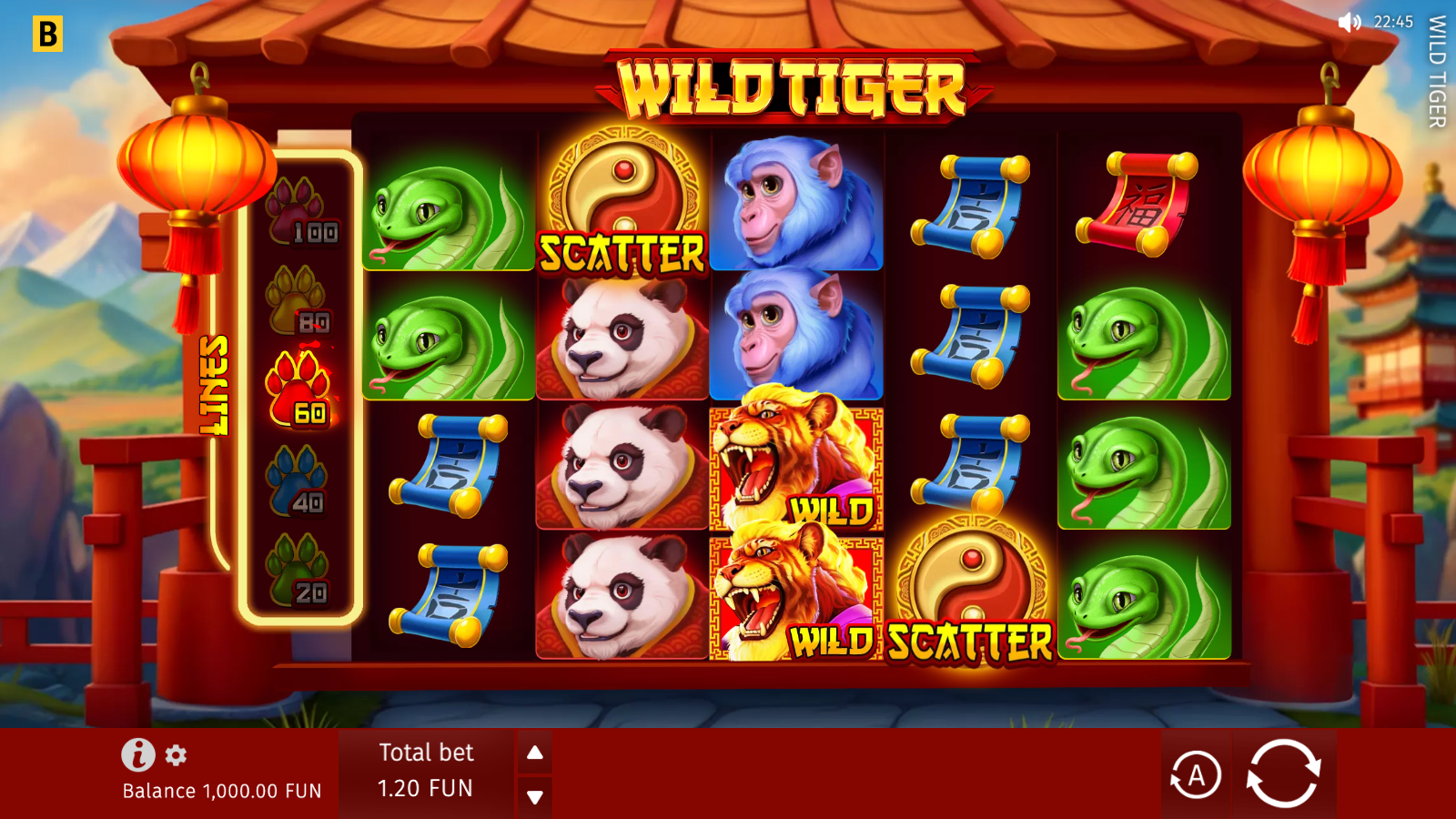 Wild Tiger 5x4 base grid in idle state with Tiger Wild, Yin-Yang Scatter, panda, monkey and snake premiums visible against the Asian temple frame, Lines selector showing 60 lines active