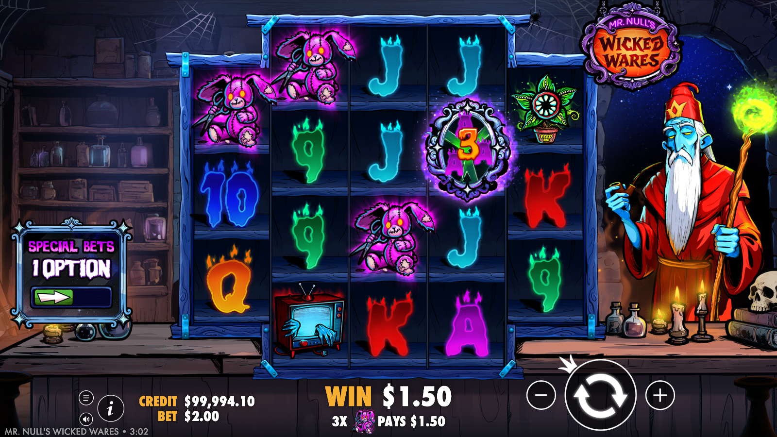 Mr Null's Wicked Wares base game showing a resolved win across the 576 ways grid with neon card royals, cursed shop symbols and the blue skinned merchant beside the reels