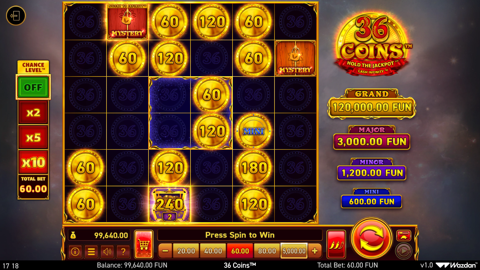 Base 6×6 grid mid-spin showing the Mystery Chest scatter symbol. Note: base game has zero paying combinations, with 100% of RTP living in the Hold the Jackpot bonus.