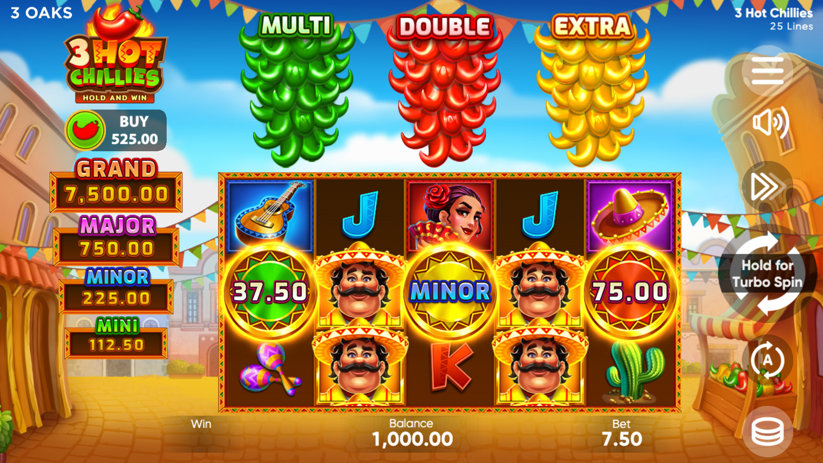 Near bonus state, three Coin chilli scatters on the grid (37.50 + MINOR jackpot tag + 75.00), with three more needed to trigger the Hold and Win at 6+ scatters.