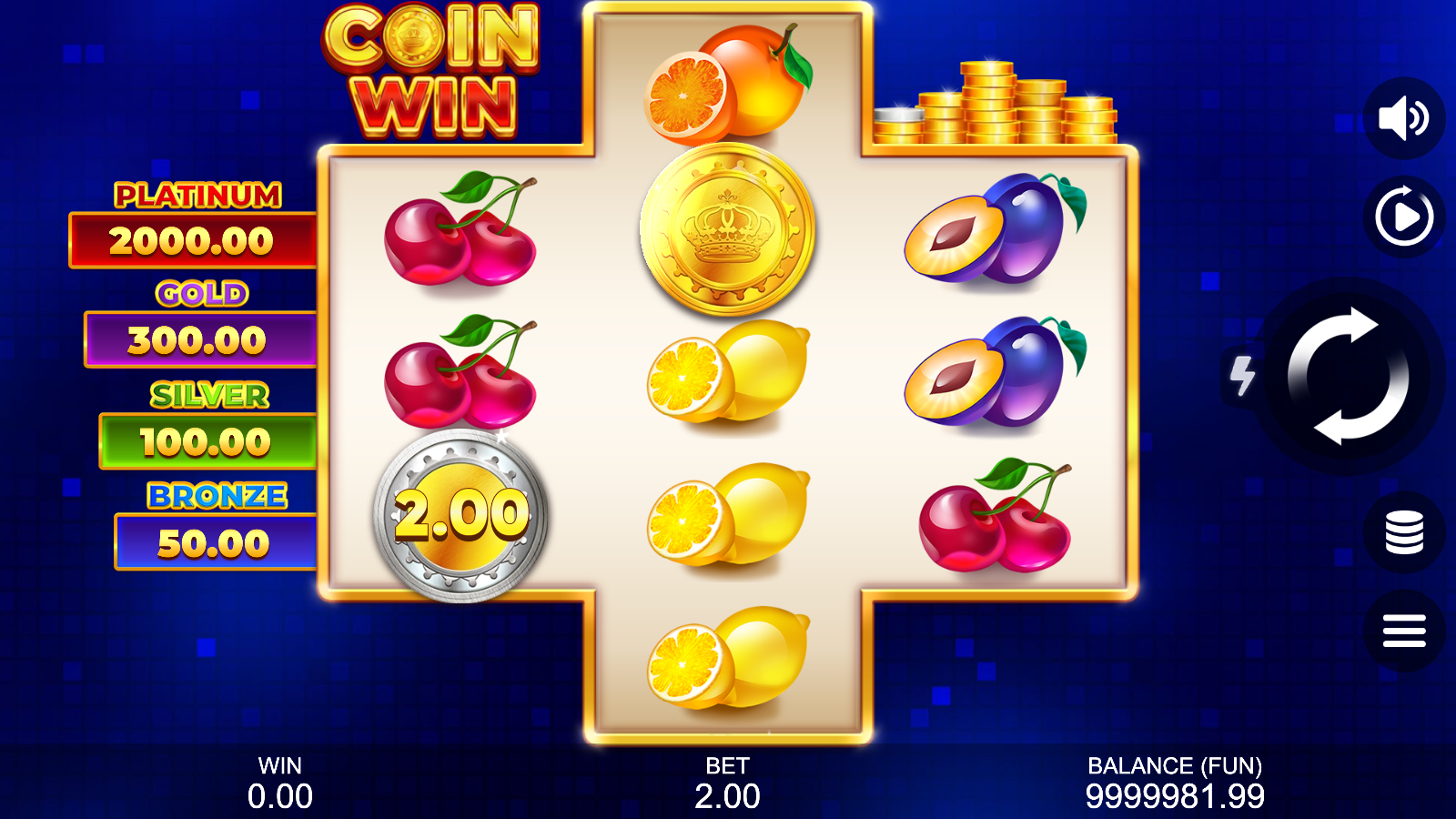 Near-bonus tease on Coin Win Hold The Spin with the Royal Coin parked on reel 2 and a regular A$2 Coin on reel 1