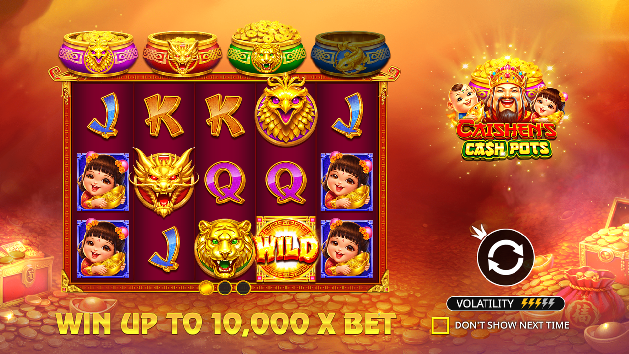 Caishen's Cash Pots paytable showcase with Caishen, Lucky Girl, Lucky Boy, Maneki-Neko and Wild symbols visible alongside the 10,000x bet maximum win banner