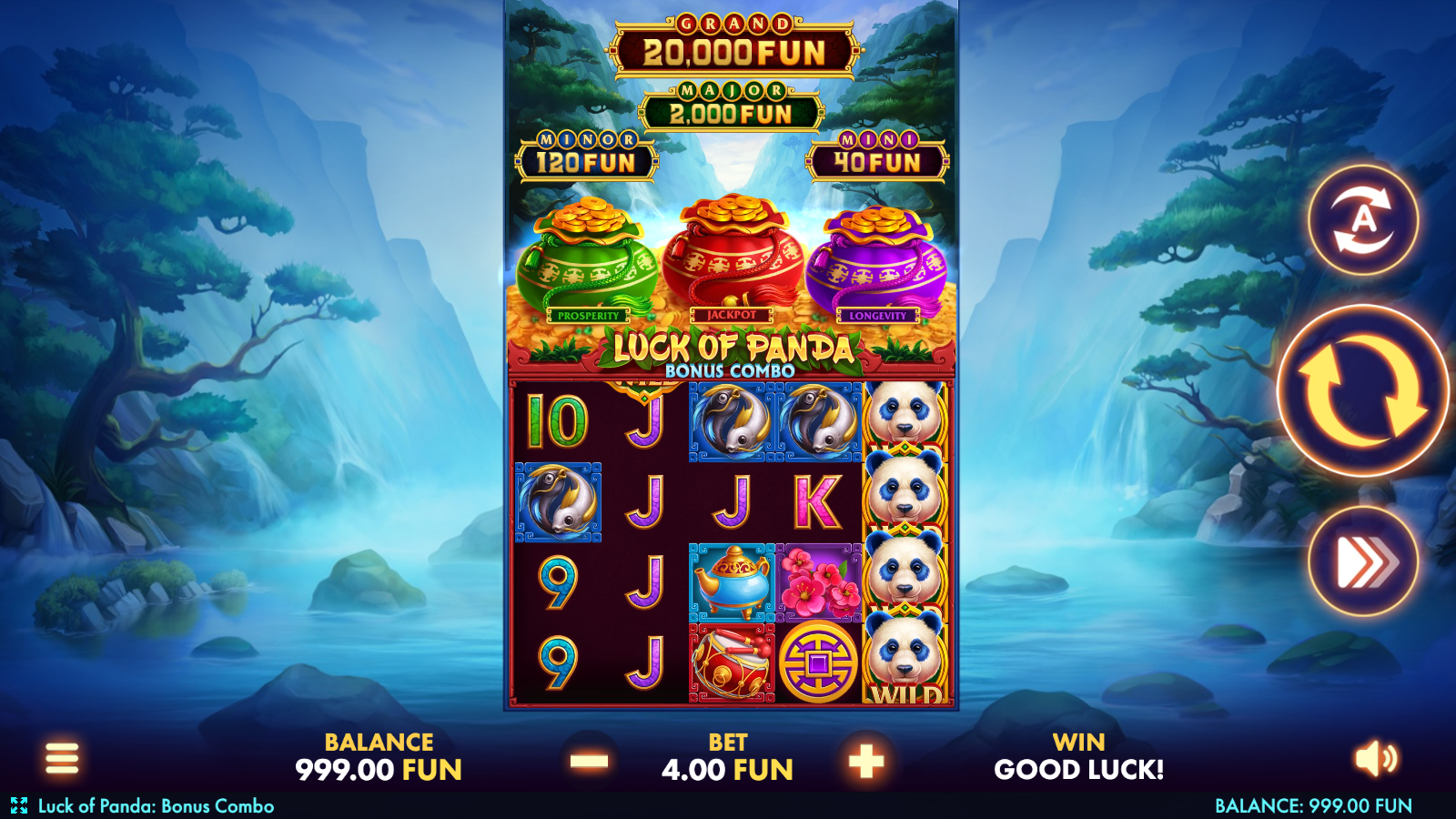 Near-bonus scatter teaser ,  two stacked Wilds on the centre reels plus Bonus Combo coin scatters visible (need 5+ scatters for the Hold-and-Win Combo trigger).