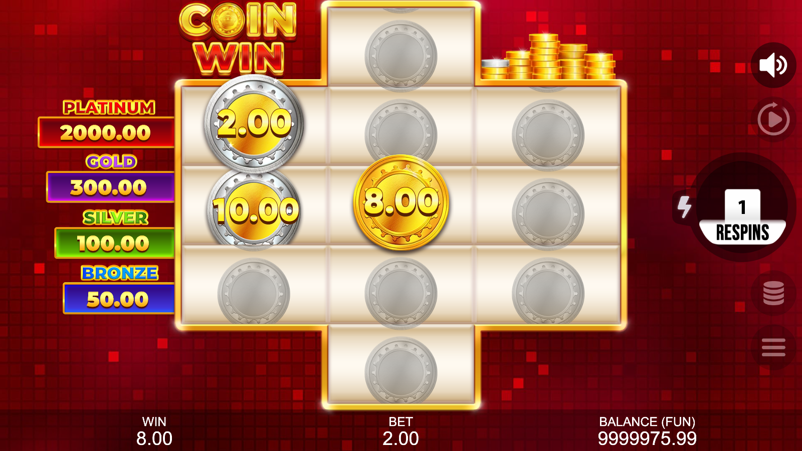 Inside the Hold The Spin Bonus Game with Coins on reels 1 and 3, Royal Coin on reel 2 and the respin counter showing 1 RESPINS remaining