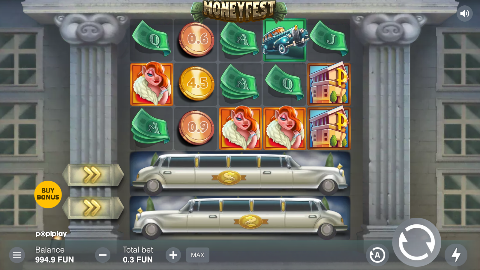 Four Coin symbols landed on the visible grid with embedded prize values 4.5, 0.9, 0.6 and 0.6 multiples of bet readable alongside Mrs Pig premiums and a Mansion symbol