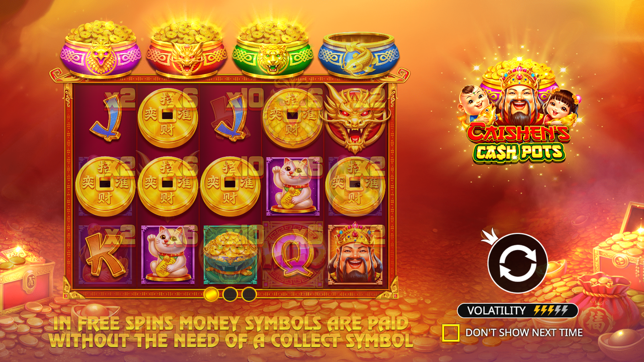 Caishen's Cash Pots free spins explainer screen showing Maneki-Neko, dragon and Caishen symbols with the message that money symbols pay without needing a collect symbol