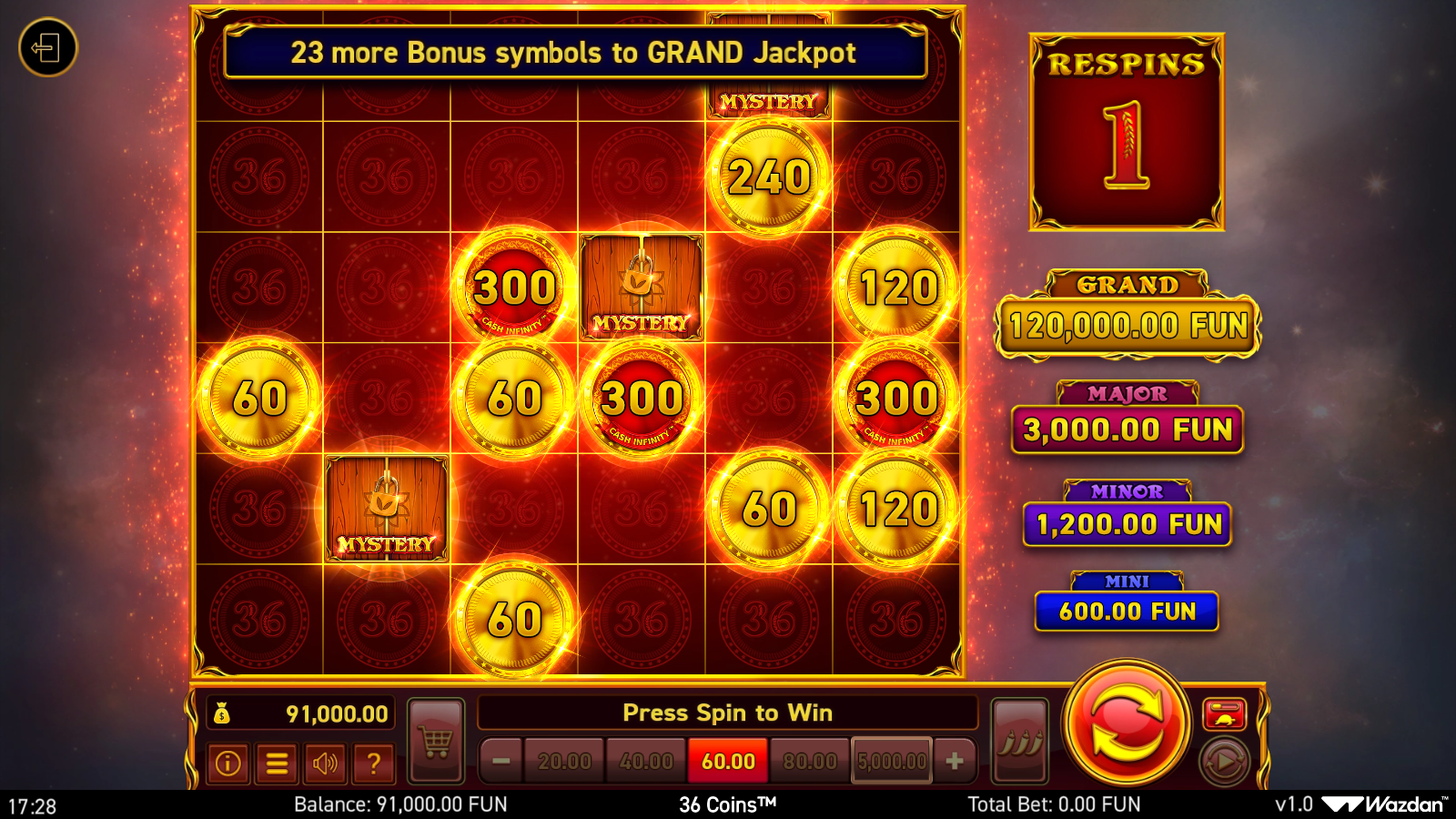 Hold the Jackpot bonus mid-action, sticky Coin symbols across the 6×6 grid with respin counter visible. Triggered via 150× Buy Feature (HIGH tier of the 5-tier Bonus Buy menu).