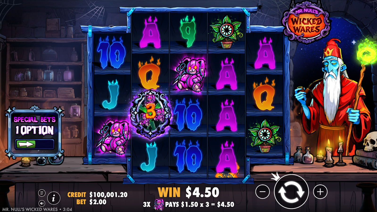 A revealed multiplier orb applied to a ways win in Mr Null's Wicked Wares, with the payout readout showing the base pay multiplied into a larger total