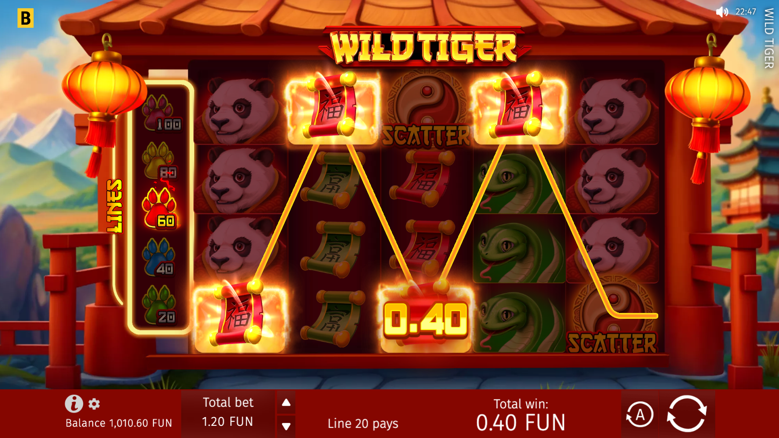 Wild Tiger paylines drawn in yellow across the 5x4 grid during win evaluation, with red scroll symbols highlighted at line endpoints and a Yin-Yang Scatter visible top-right