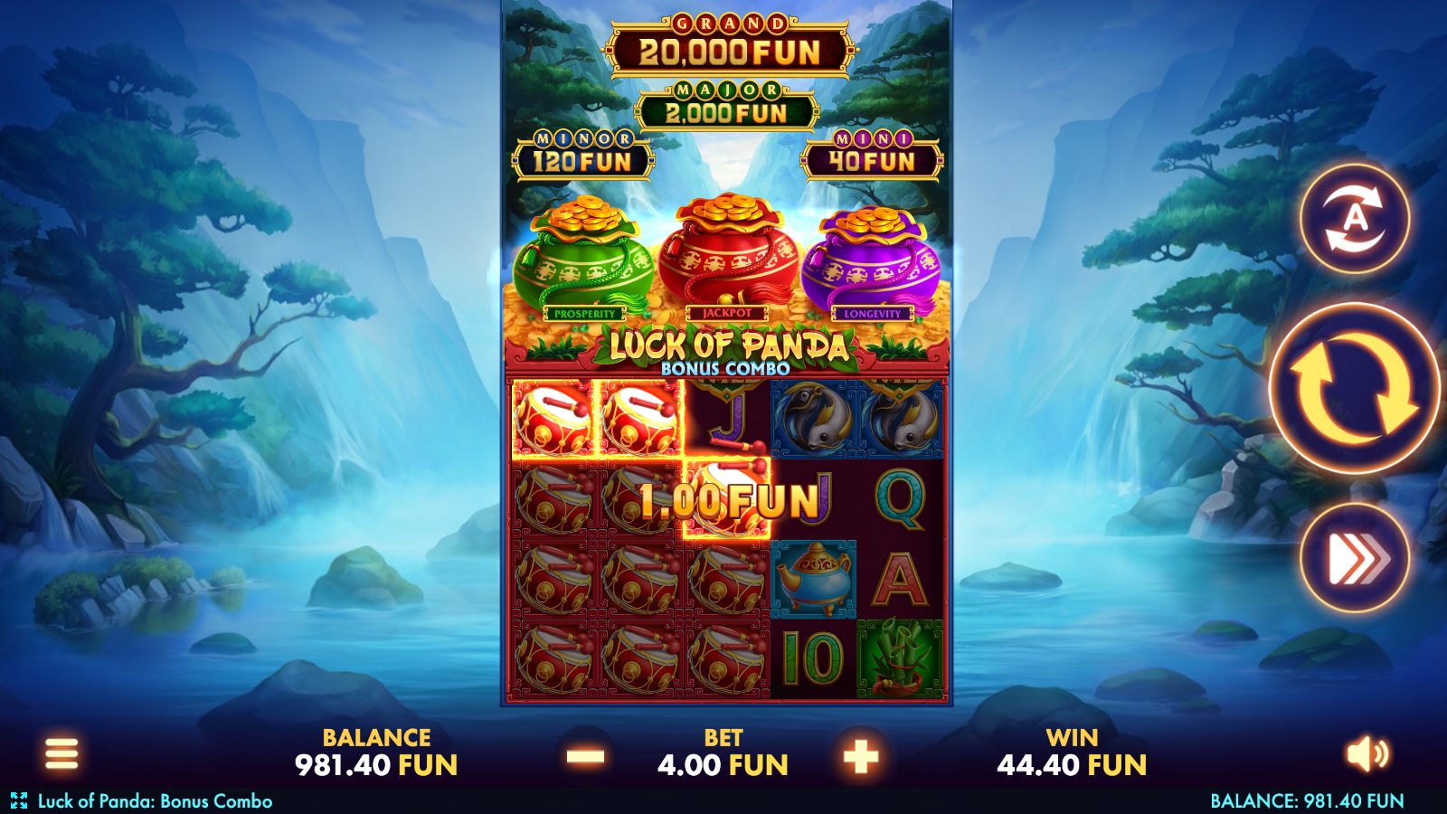 Drum-cluster win ,  44.40 FUN (11× stake) landed across the centre paylines mid-burst; representative base-game variance.