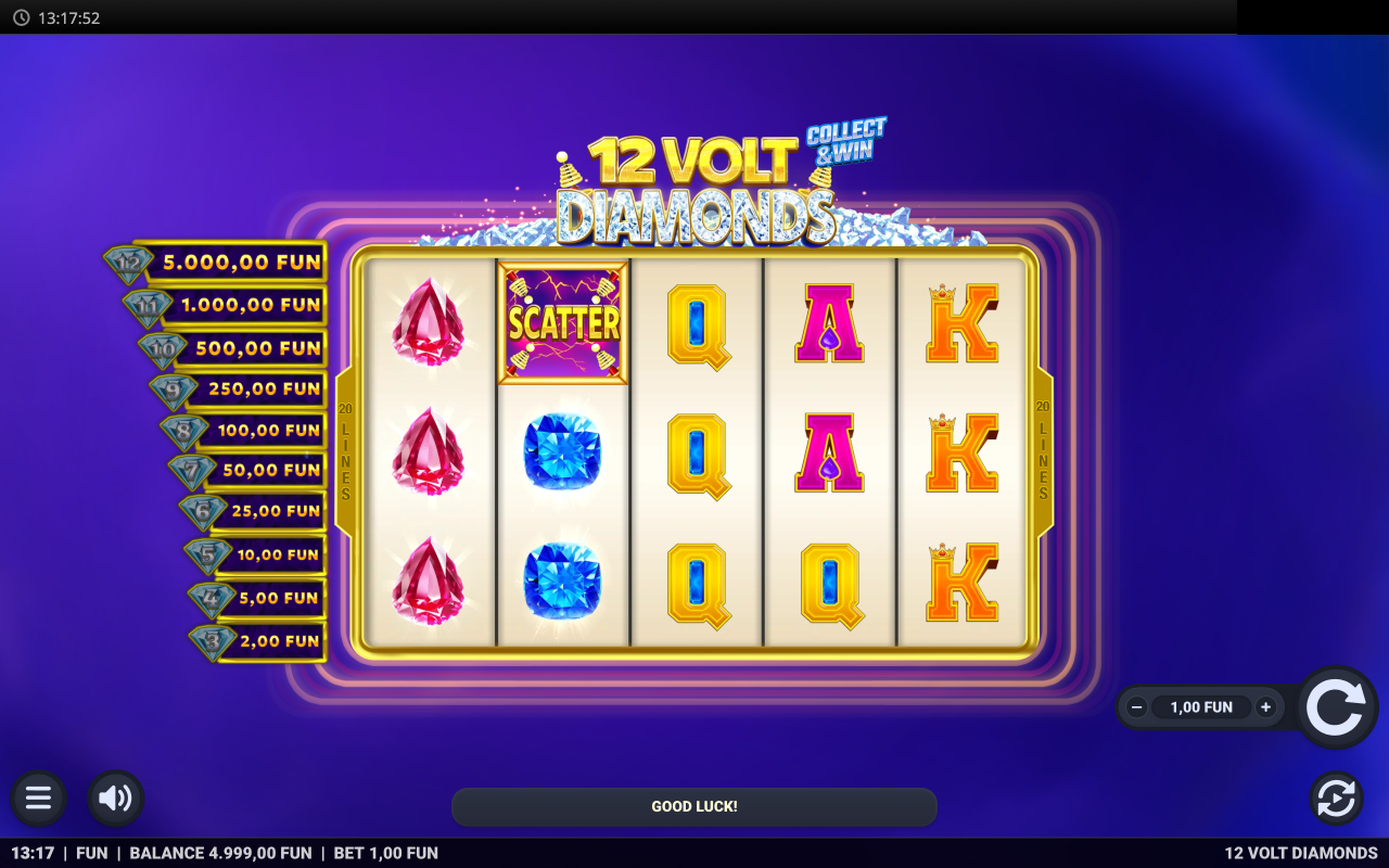 A spin in play across the five reels with the diamond and royal symbols.