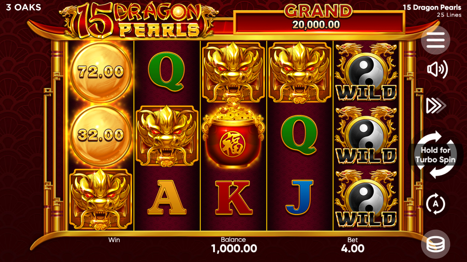 15 Dragon Pearls, 5x3 base grid with golden dragons, pearl coins and yin-yang wilds stacked on reel 5 under the Grand 20000.00 jackpot