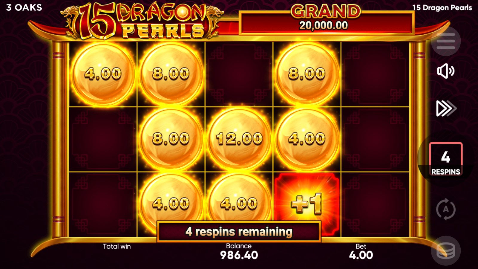 15 Dragon Pearls, Hold and Win respins active with multiple pearl coins (4.00 / 8.00 / 12.00 values) and a +1 retrigger landing