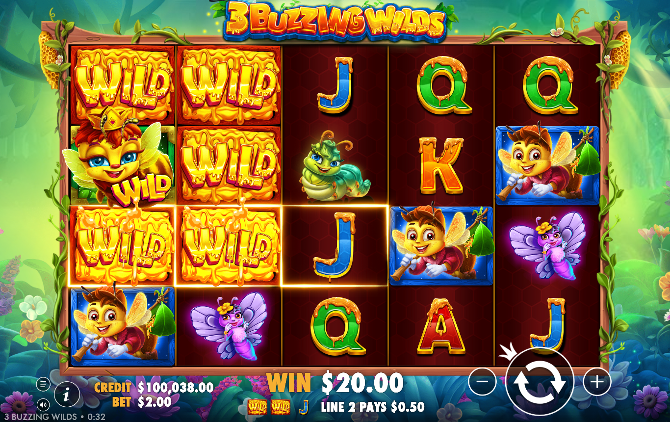 3 Buzzing Wilds base-game surrounding-wilds event with a block of honeycomb WILD symbols filling the first two reels and paying a win
