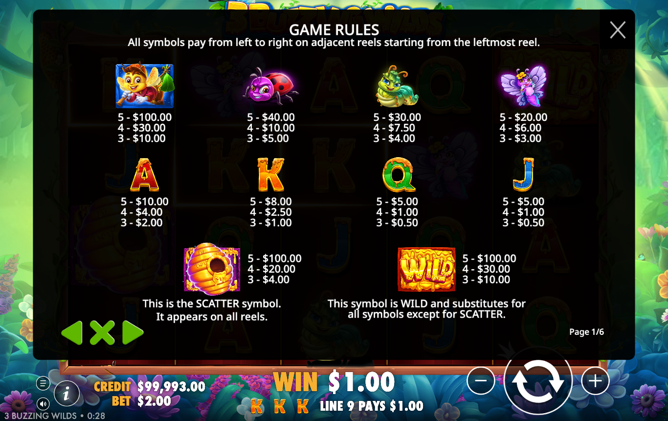 3 Buzzing Wilds game rules and paytable screen listing insect and royal symbol values plus the scatter and wild definitions