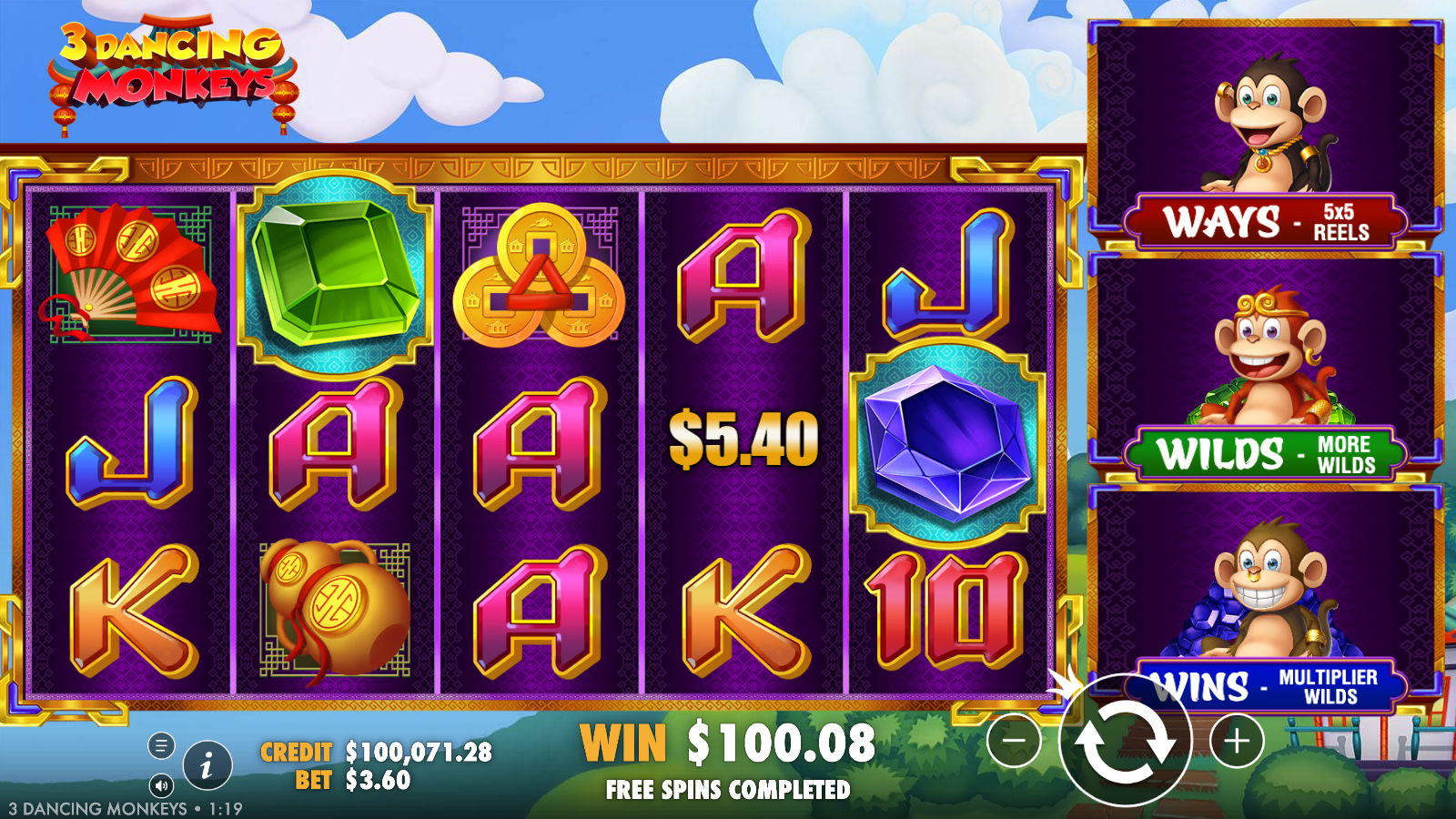 3 Dancing Monkeys base game 5 by 5 reels showing the dancing monkey theme with gem symbols, gold coins and card royals against a daytime pagoda backdrop
