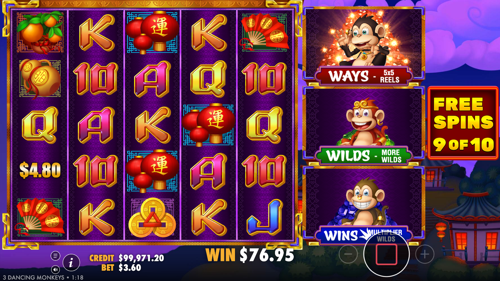 3 Dancing Monkeys free spins round in progress at spin 7 of 10 with the ways modifier active and gold coin WILD symbols on a night pagoda backdrop