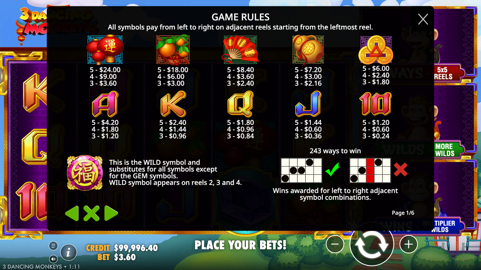 3 Dancing Monkeys game rules and paytable screen listing the Asian premium and card royal symbol values plus the wild and 243 ways rule
