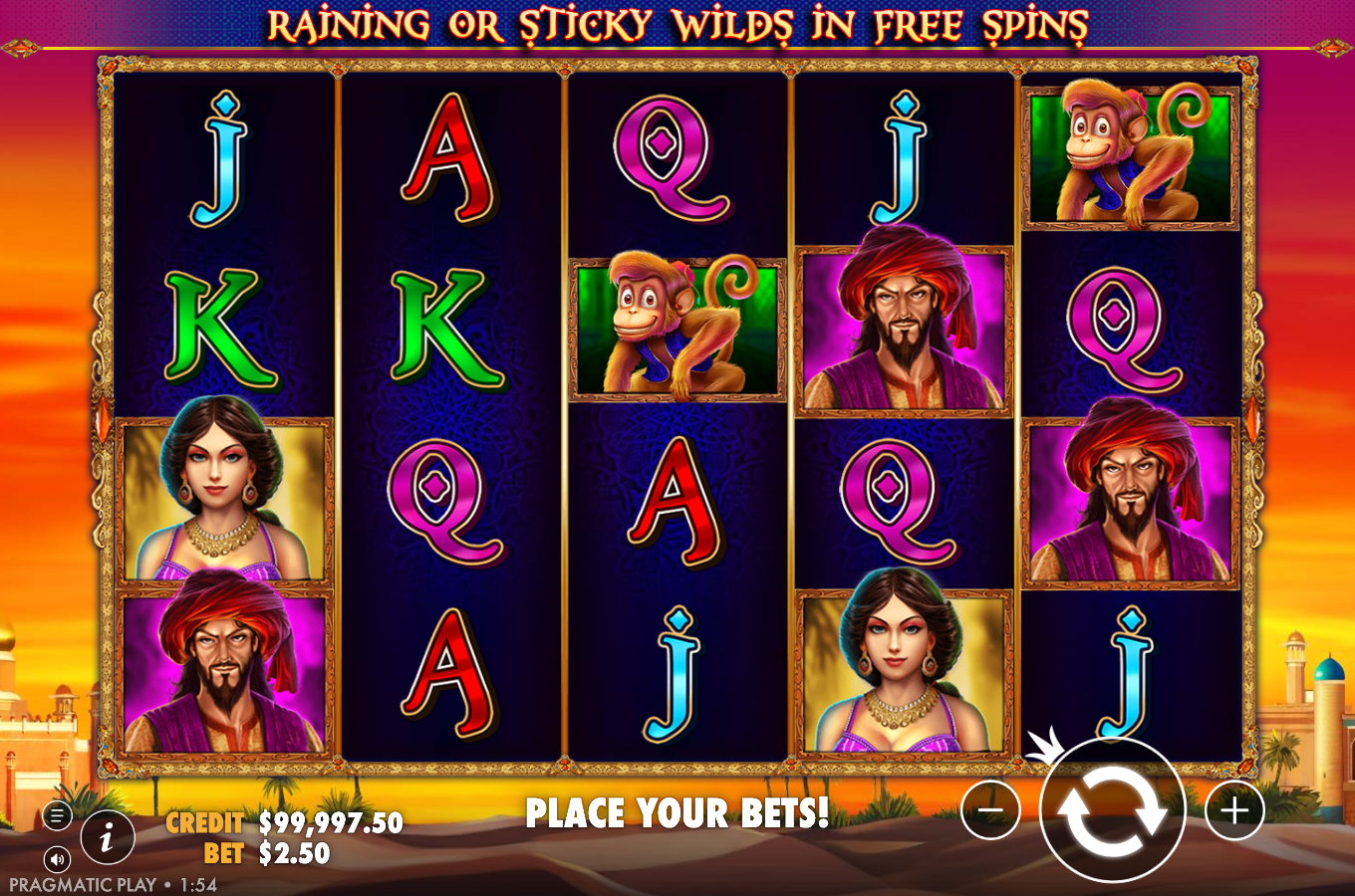 3 Genie Wishes base game 5 by 4 reels showing the Arabian theme with genie, Aladdin, Jasmine and card royal symbols against a desert palace sunset backdrop