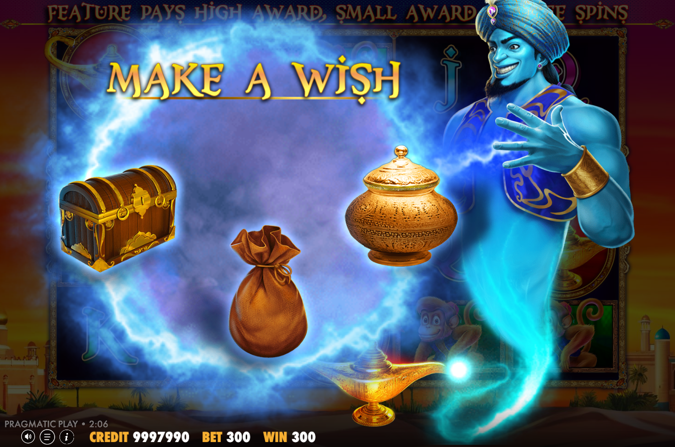 3 Genie Wishes Make a Wish bonus pick screen with the blue genie presenting three lamps to choose from and the magic lamp glowing