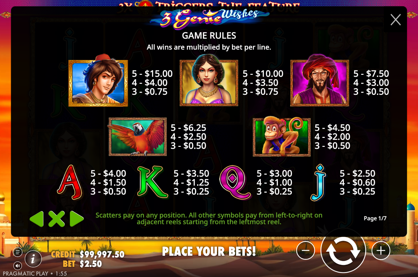 3 Genie Wishes game rules and paytable screen listing the character premium and card royal symbol values plus the wild and scatter rules