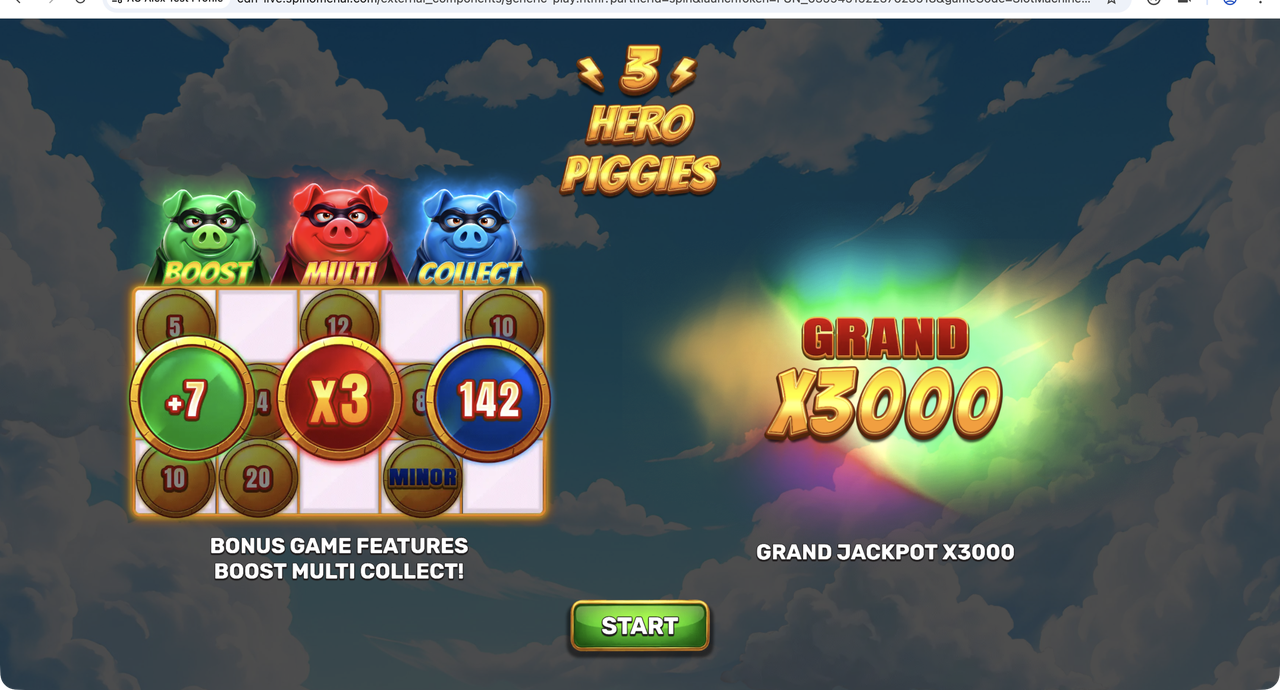 3 Hero Piggies splash showing Boost, Multi and Collect superhero pig characters with Grand x3000 jackpot