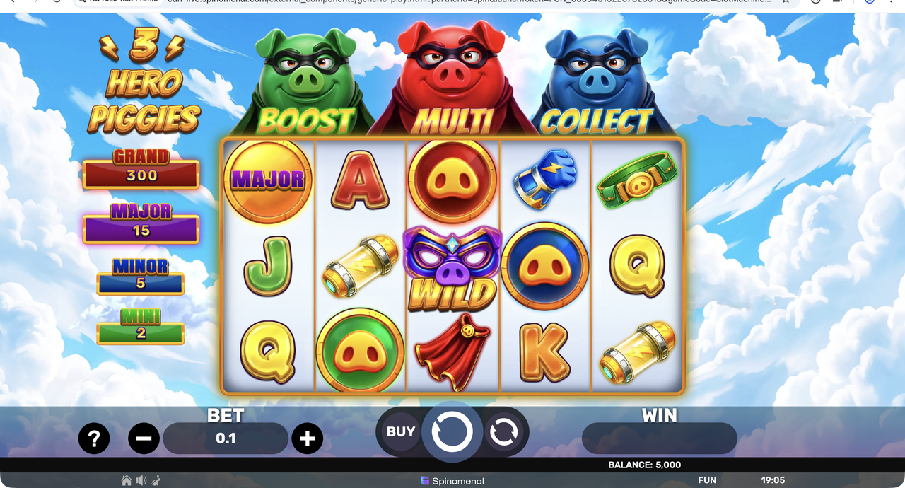 3 Hero Piggies base game with 5x3 grid, four-tier jackpot ladder and Wild masked-pig symbol