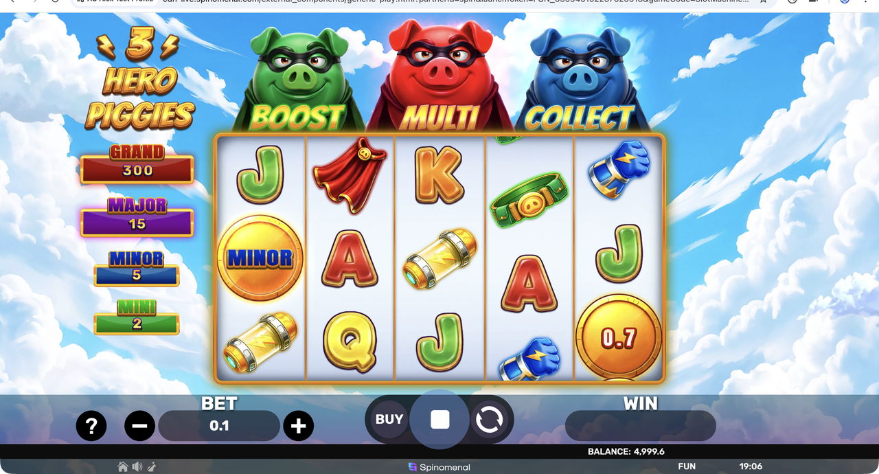 3 Hero Piggies spin result with royal J A K Q symbols and a 0.7 coin win on reel five