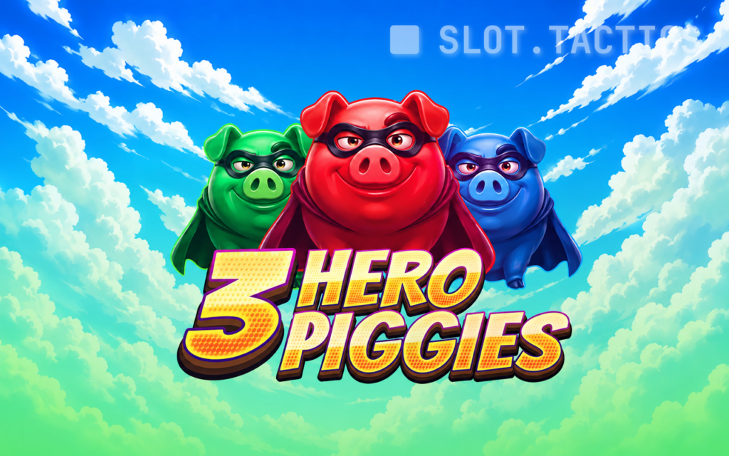 3 Hero Piggies pokie card art with three superhero pigs and a Hold and Hit jackpot grid
