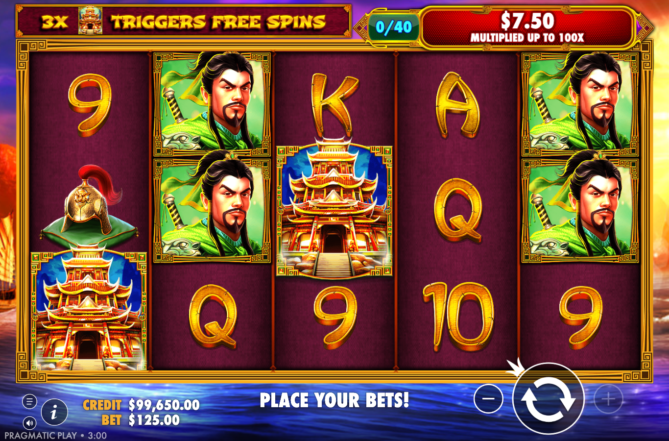 3 Kingdoms Battle of Red Cliffs base game 5 by 3 reels showing a stacked green-robe general, gold card royals, a golden helmet and two temple pagoda scatters, with the Spoils of War points meter across the top