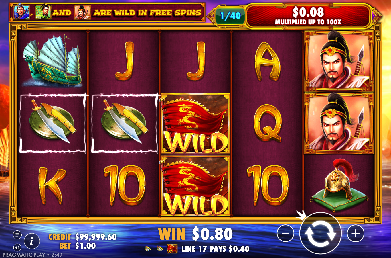 3 Kingdoms Battle of Red Cliffs win screen showing a full stacked red dragon-banner wild column, a war-junk ship, sword symbols and a red-armour general, with the generals-are-wild-in-free-spins ticker