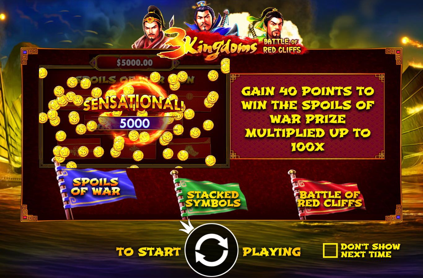 3 Kingdoms Battle of Red Cliffs Spoils of War feature information tab showing a coin shower, a SENSATIONAL 5000 splash and the rule text about gaining 40 points