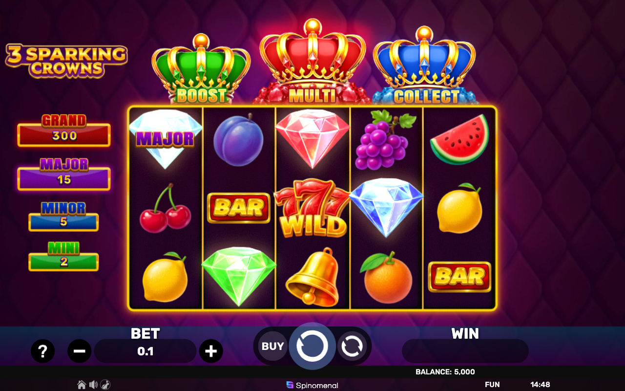 3 Sparking Crowns base game 5 by 3 fruit grid with cherries, BARs and a Wild, the three Boost, Multi and Collect crowns across the top and the jackpot ladder down the left