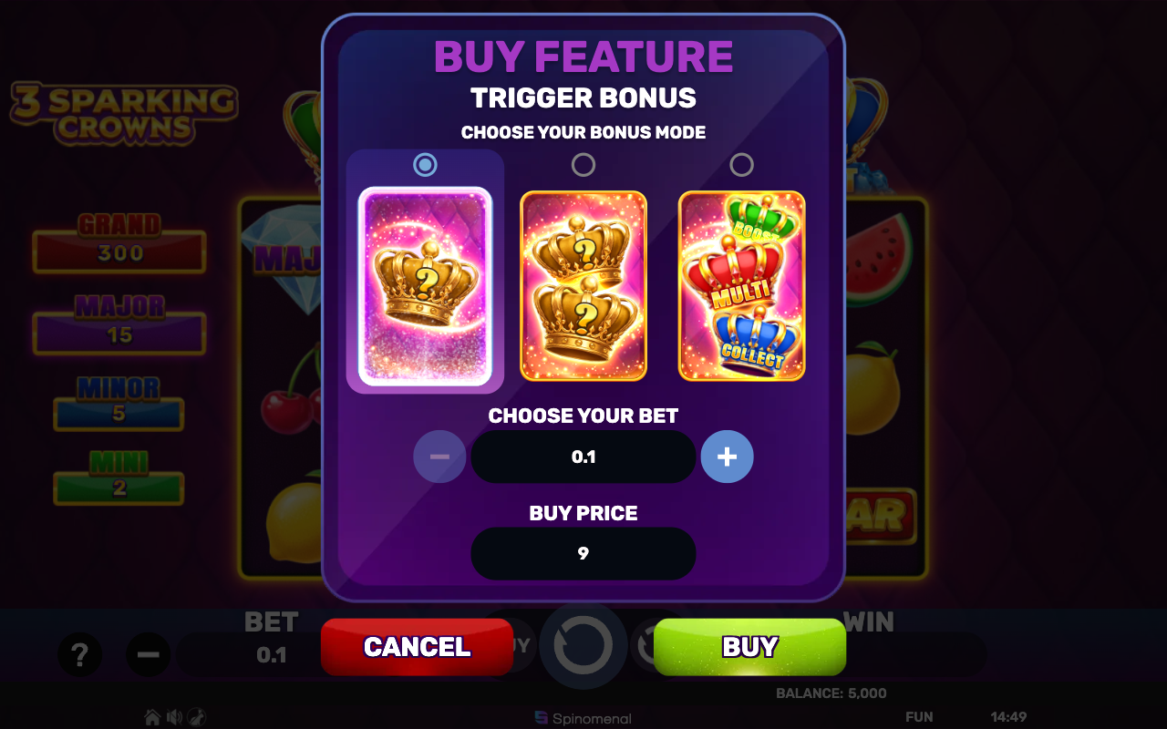 3 Sparking Crowns Buy Feature menu showing the three bonus crown modes to choose, a bet selector and the buy price