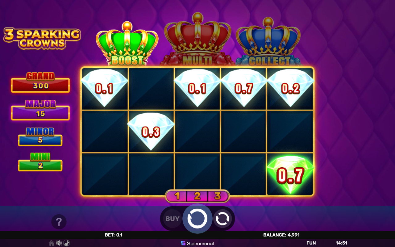 3 Sparking Crowns Hold and Hit bonus in action with coin values locked on the grid and the three-respin counter running