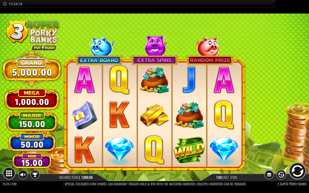 3 Super Porky Banks base game 5 by 3 grid with card royals and a diamond Wild, the five-tier jackpot ladder Grand to Mini down the left, and the three feature pigs Extra Board, Extra Spins and Random Prize across the top