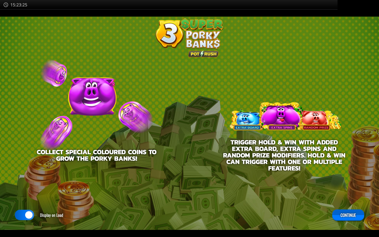 3 Super Porky Banks intro screen explaining the special coloured coins and that the Hold and Win can trigger with one or multiple pig features
