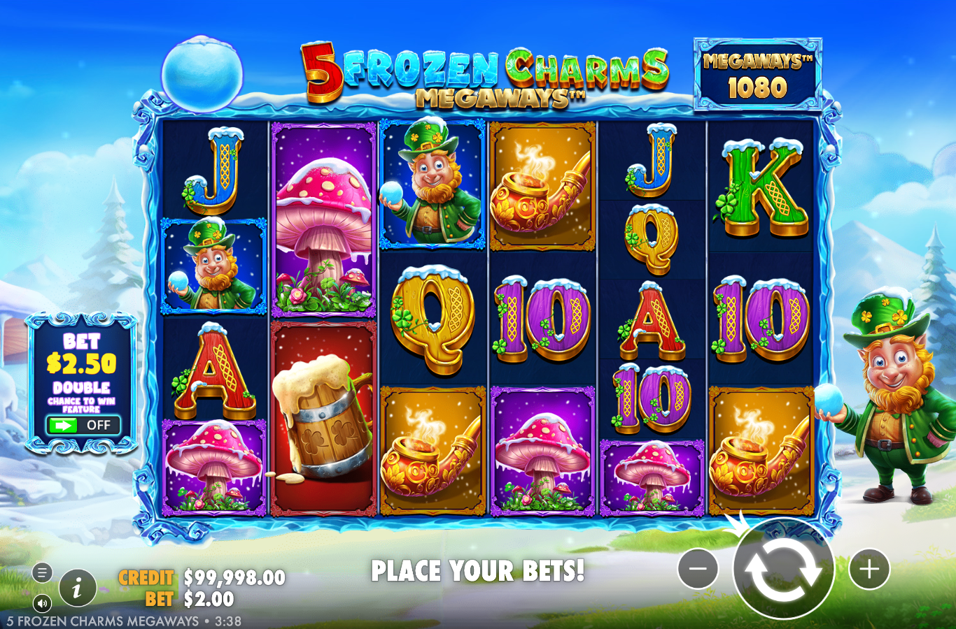 5 Frozen Charms Megaways base game showing six variable-height reels with a leprechaun, red mushrooms, a beer mug, a pot of gold and gold card royals, the live Megaways ways counter reading 1080 and the Double Chance panel