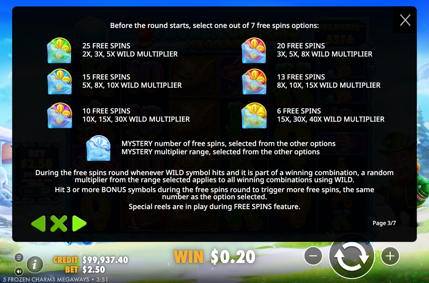 5 Frozen Charms Megaways in-game free spins options page listing all seven selectable options with their spin counts and wild multiplier ranges, plus the wild multiplier and retrigger rules