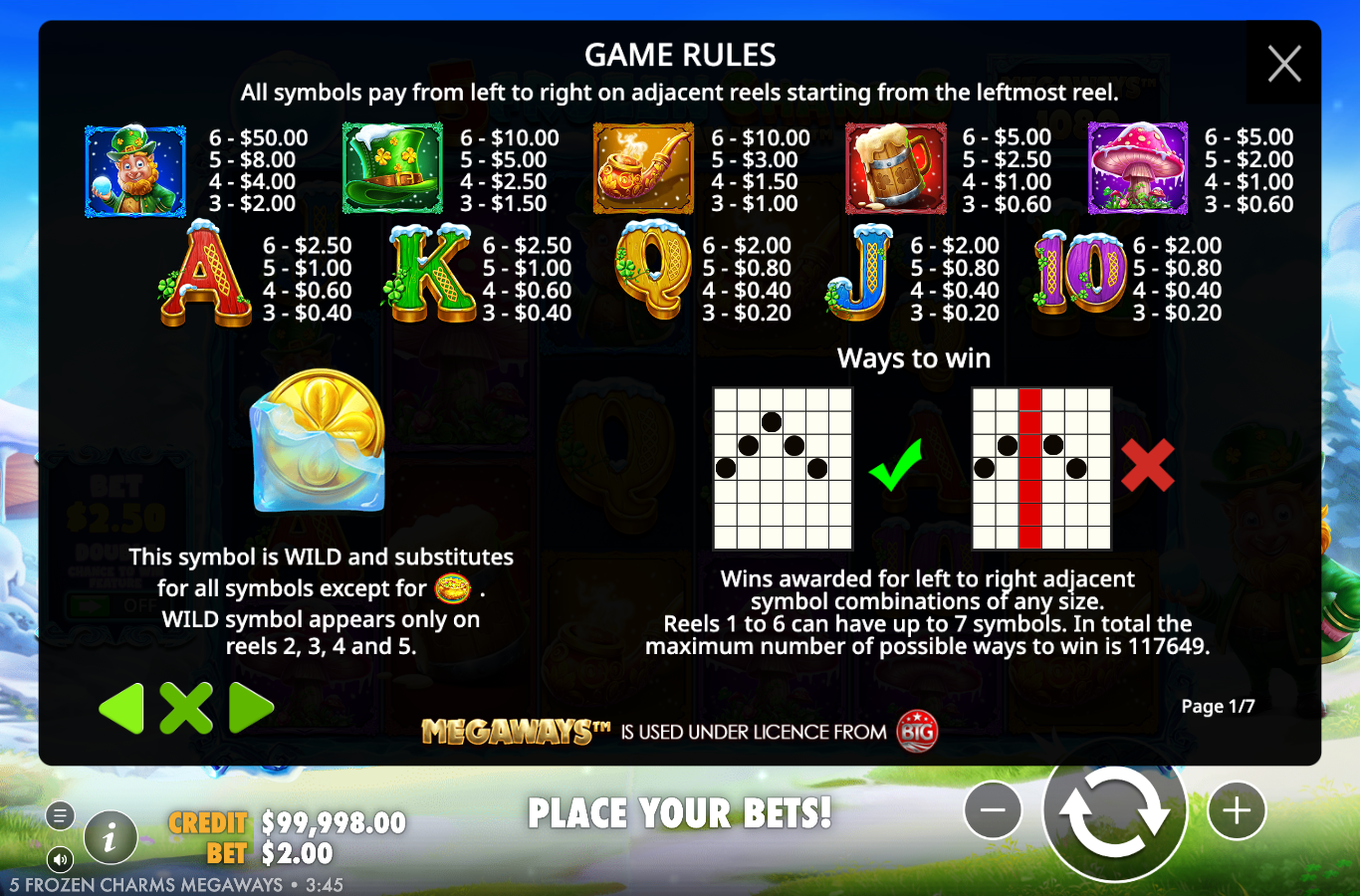 5 Frozen Charms Megaways game rules and paytable page showing symbol values, the wild rule for reels two to five, and the ways-to-win statement of 117,649