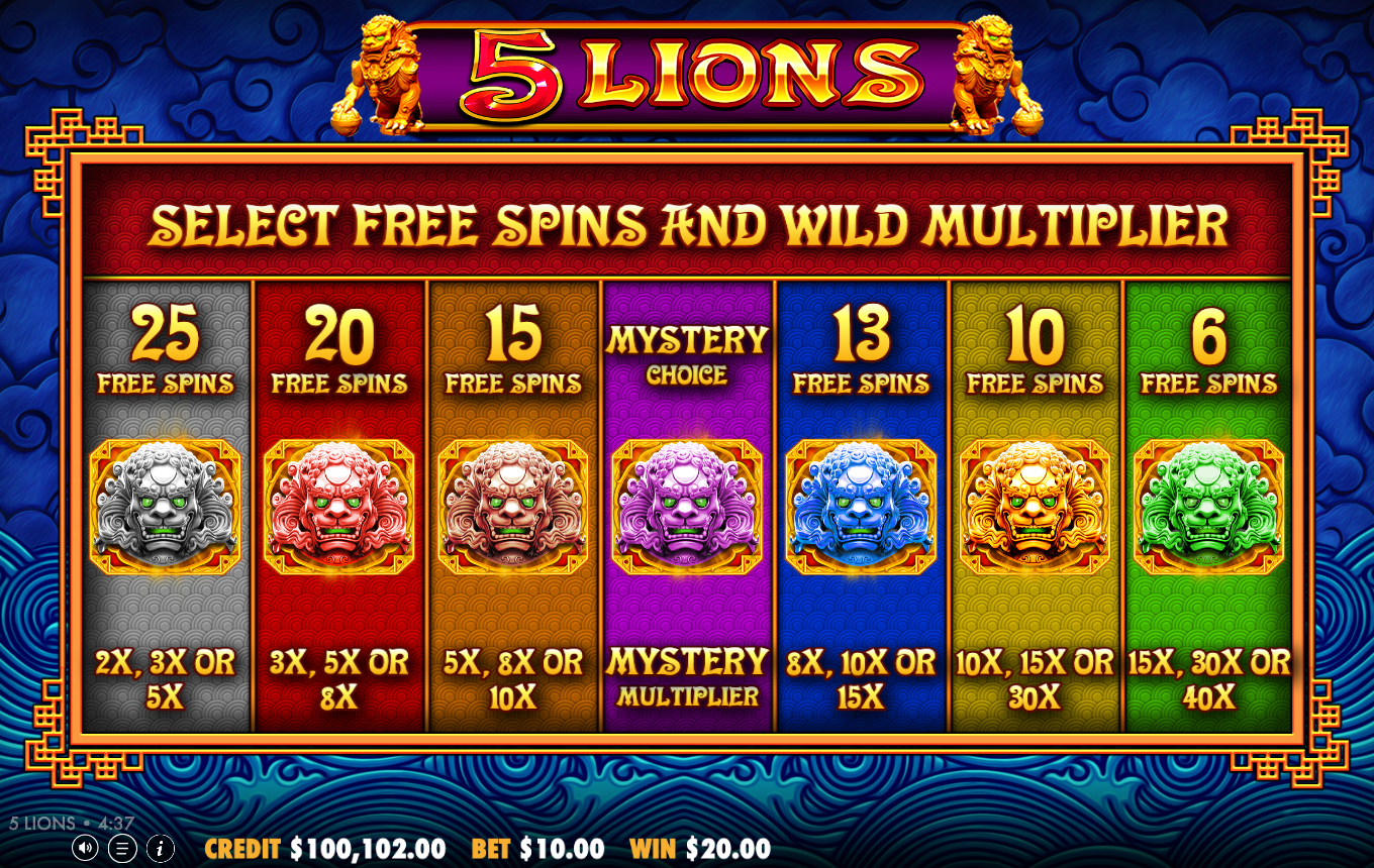 5 Lions free spins selection screen titled SELECT FREE SPINS AND WILD MULTIPLIER showing all seven lion-mask options with their spin counts and multiplier ranges