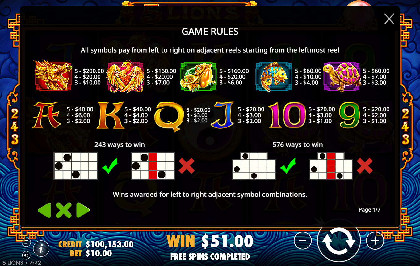 5 Lions Game Rules paytable page showing the symbol payout hierarchy, the wild rule for reels 2 to 4, and the 243-ways and 576-ways diagrams