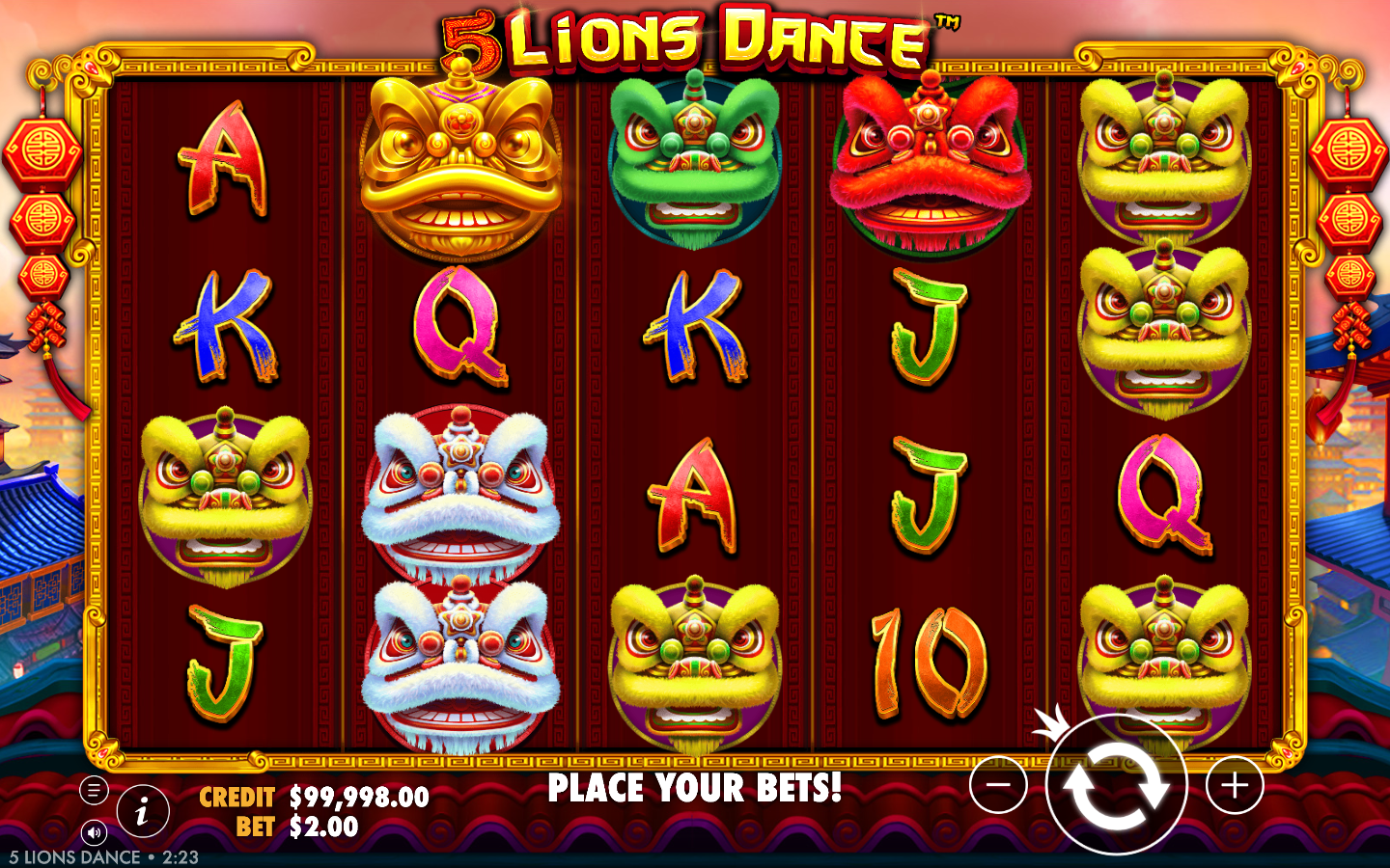 5 Lions Dance base game on a 5 by 4 grid, showing gold, green, red, white and yellow lion-dance masks with A, K, Q, J and 10 card royals