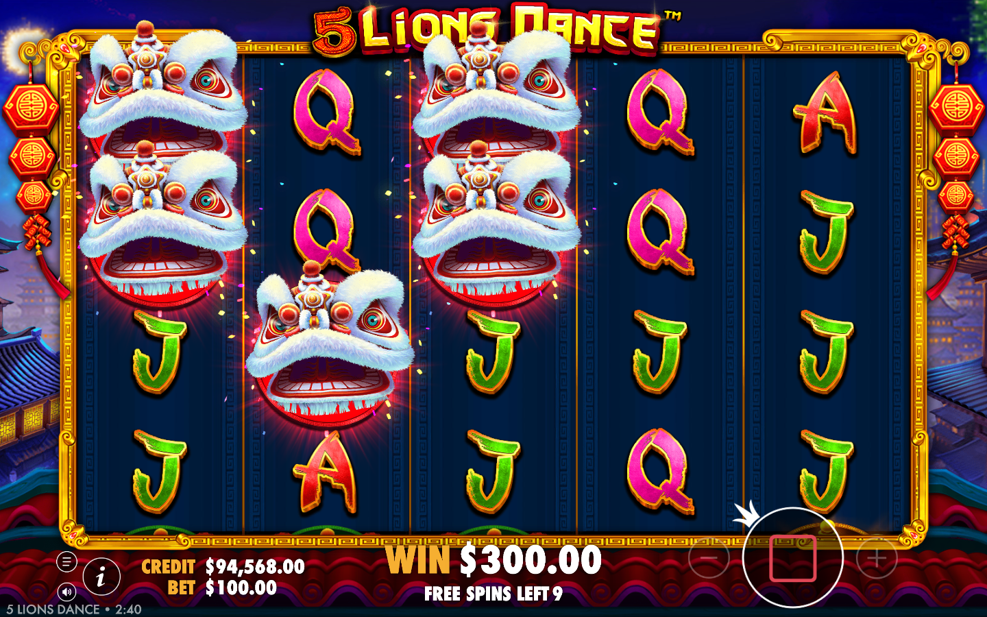 5 Lions Dance free spins round in progress on a dark night background with white lion transform symbols filling the left reels and FREE SPINS LEFT 9 on screen