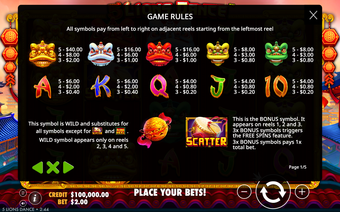 5 Lions Dance Game Rules paytable page showing the symbol payout hierarchy, the wild rule for reels 2 to 5, and the drum bonus rule for reels 1 to 3