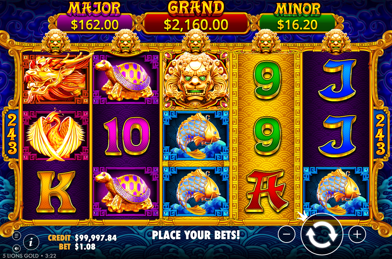 5 Lions Gold base game on a 5 by 3 grid showing 243 ways markers, the golden lion, dragon, phoenix, koi and turtle symbols and the MAJOR, GRAND and MINOR jackpot header